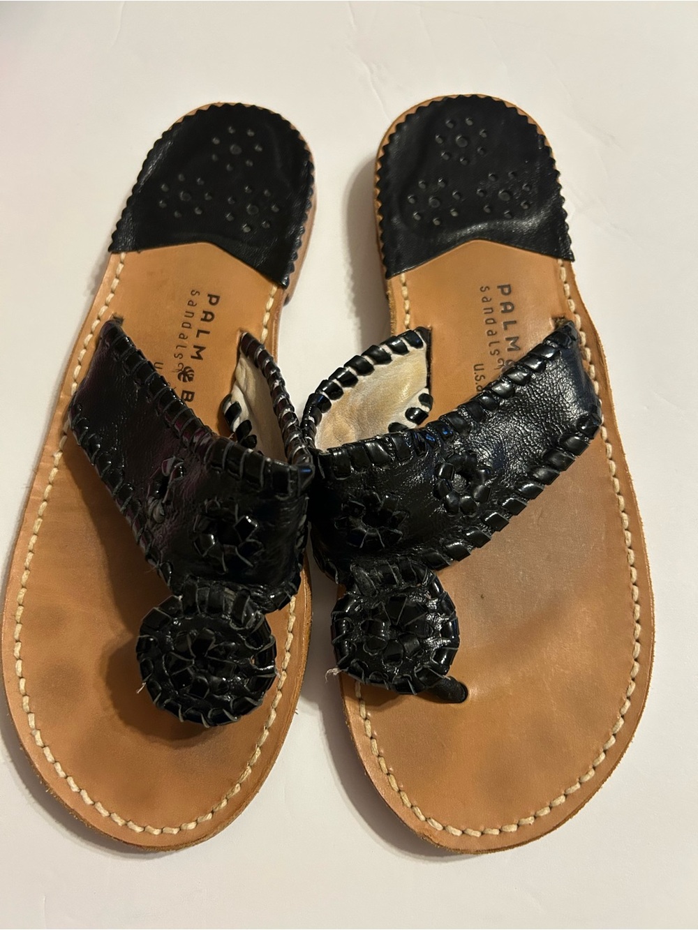 Palm Beach Sandals Black Leather Woven Thong Sandals